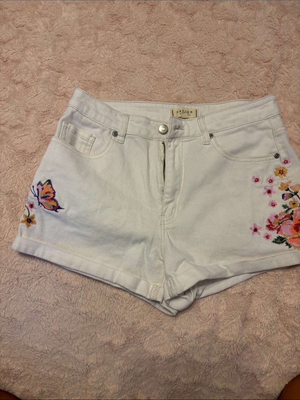Harper White Denim Shorts with Floral & Butterfly Embroidery